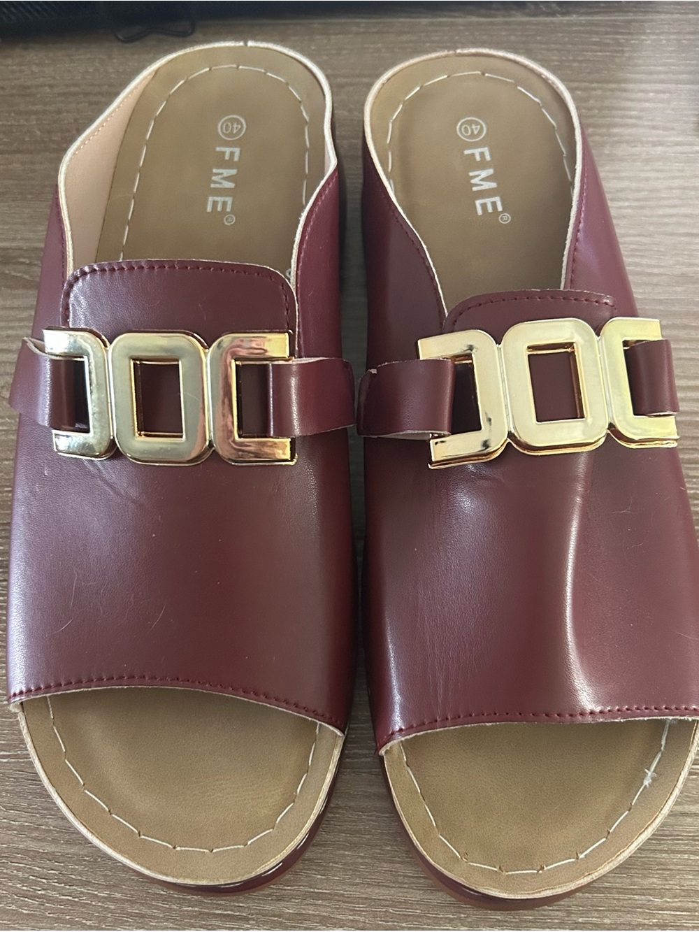 SHEIN Burgundy Slip-On Mules with Gold Buckle